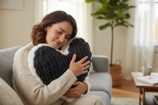 Woman hugging a heart-shaped pillow in a cozy living room.