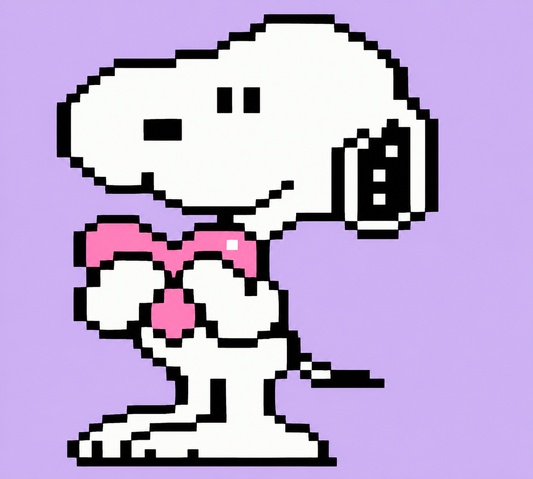 Pixel art illustration of Snoopy wearing a pink heart, set against a solid lavender background.