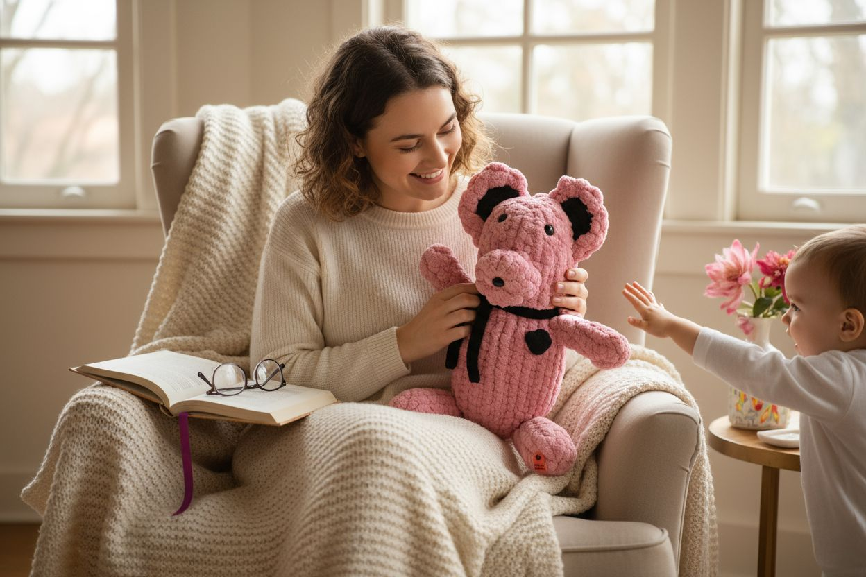 Woman holding a pink teddy bear with a child in a cozy room.