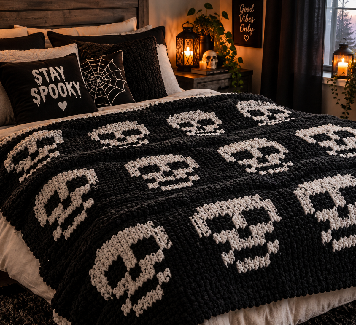A black knit blanket with white skull patterns draped over a bed in a cozy, dimly lit bedroom. The bed is styled with black and white pillows, including one that reads 'STAY SPOOKY' and another with a spiderweb design.