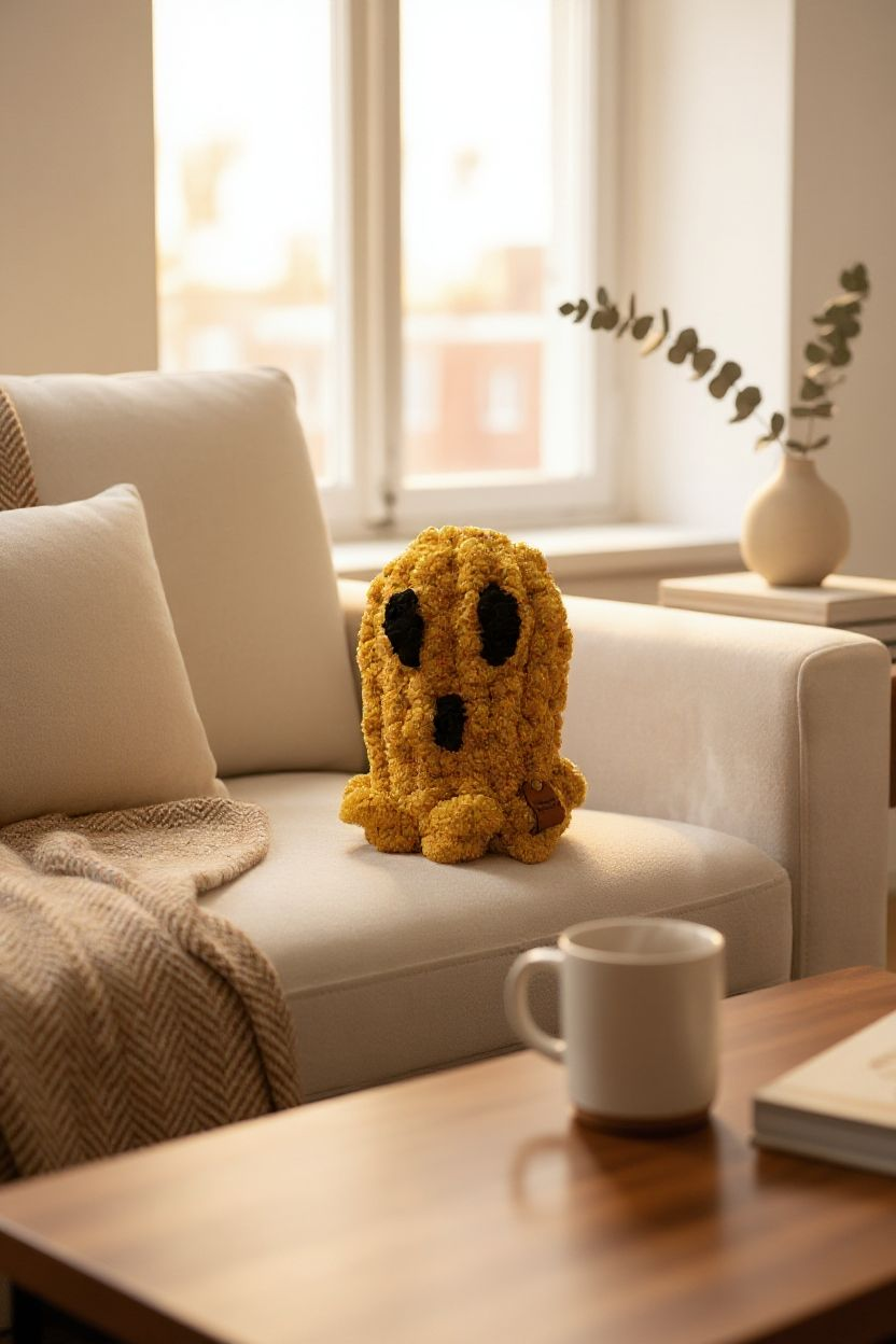 Yellow plush toy on a white couch with a cup and book on a wooden table in the foreground.