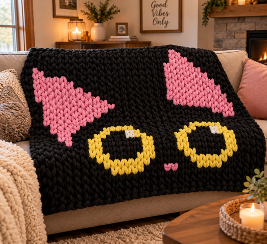 A chunky knit throw blanket draped over a beige sofa in a cozy living room. The blanket is black with a pink cat face design and yellow circular eyes.