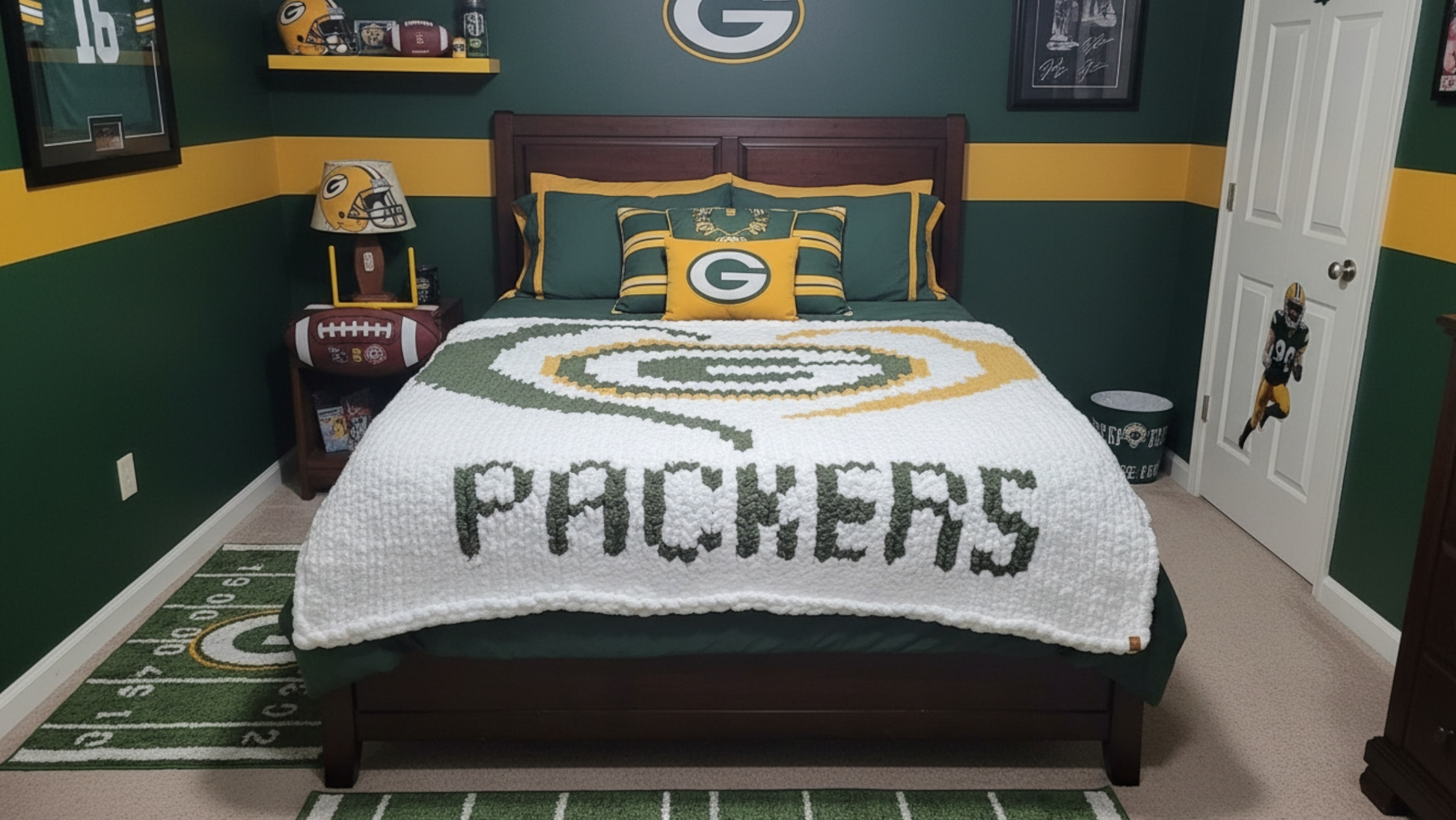 Bedroom with Green Bay Packers theme, including bedding and decor.