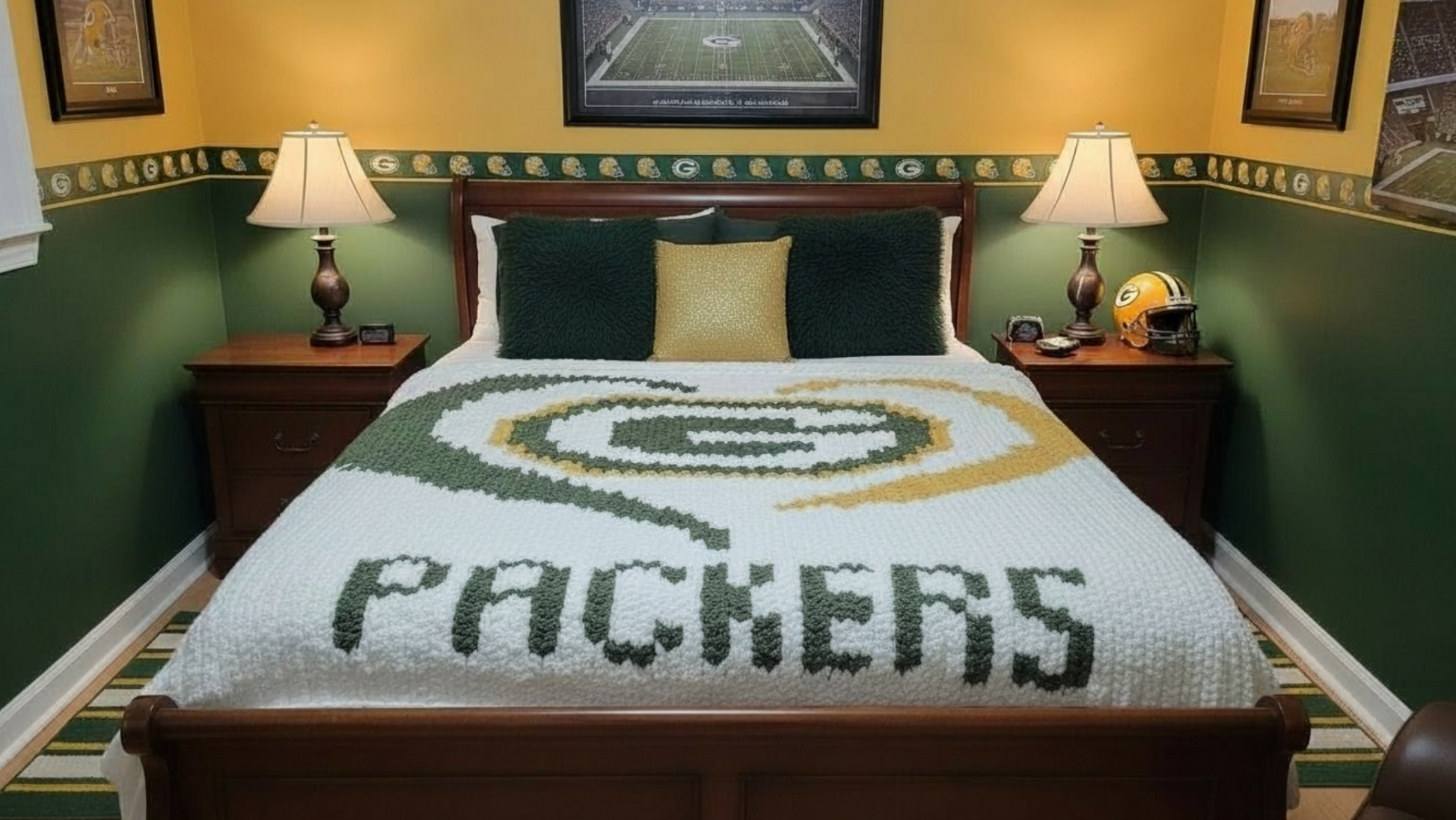 Bedroom with 'Packers' blanket on a bed, nightstands, and sports-themed decor.
