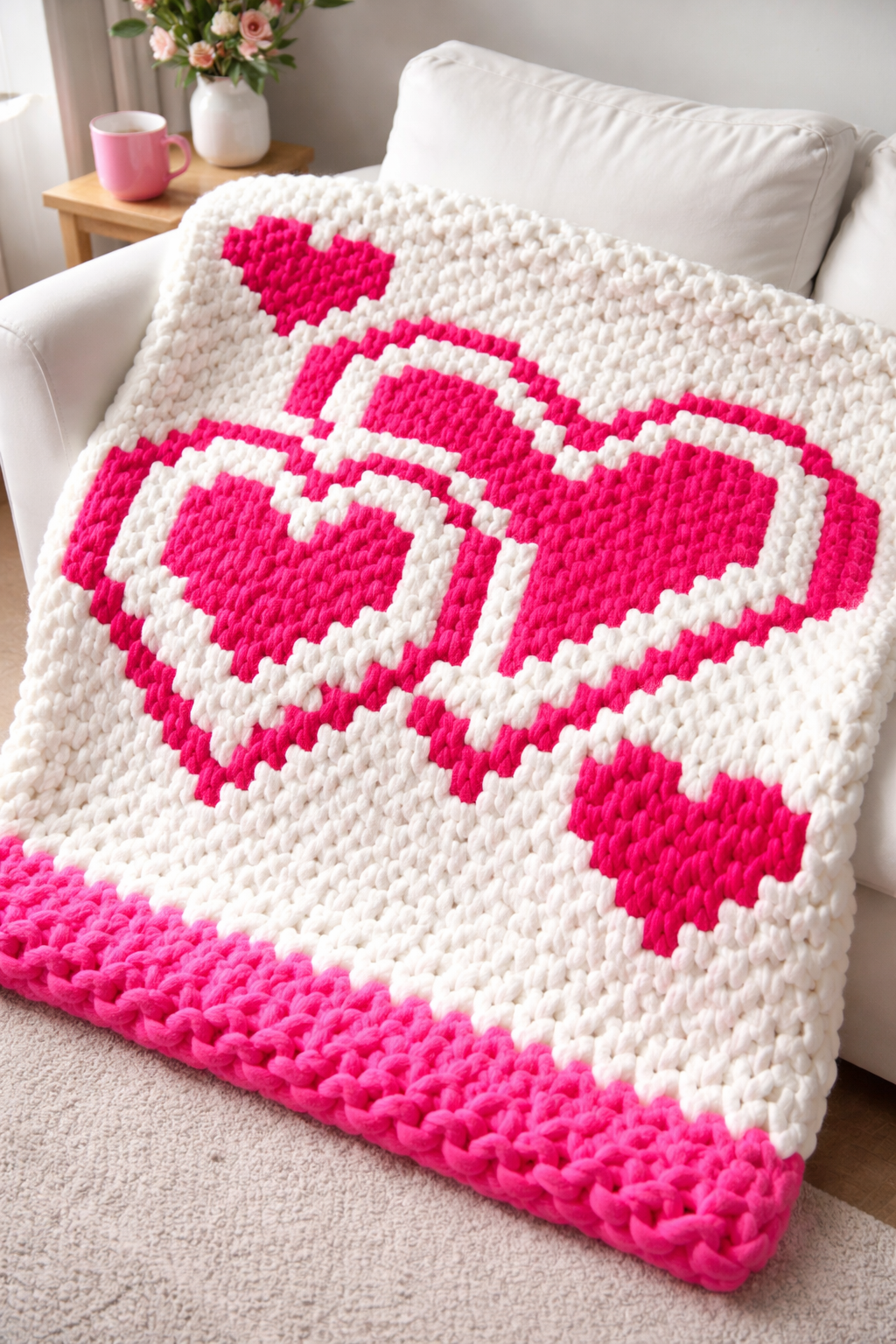Crocheted blanket with pink hearts on a white couch