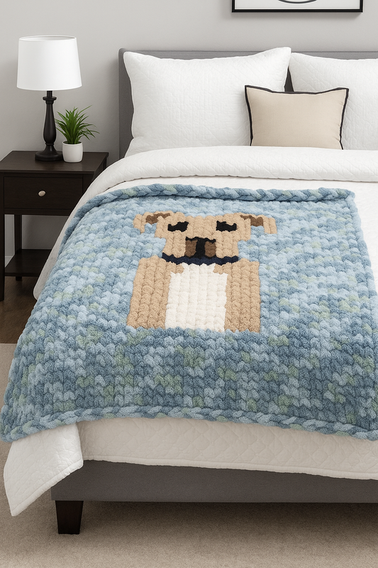 Blue crocheted blanket with a dog design on a bed in a bedroom setting.