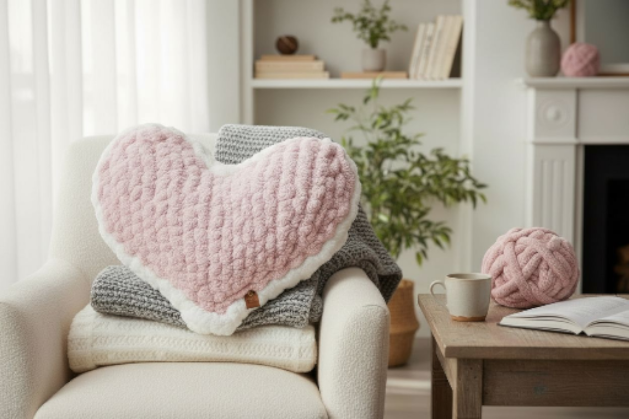 Heart-shaped pink pillow on a chair in a cozy living room setting.