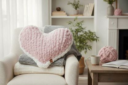 Heart-shaped pink pillow on a chair in a cozy living room setting.