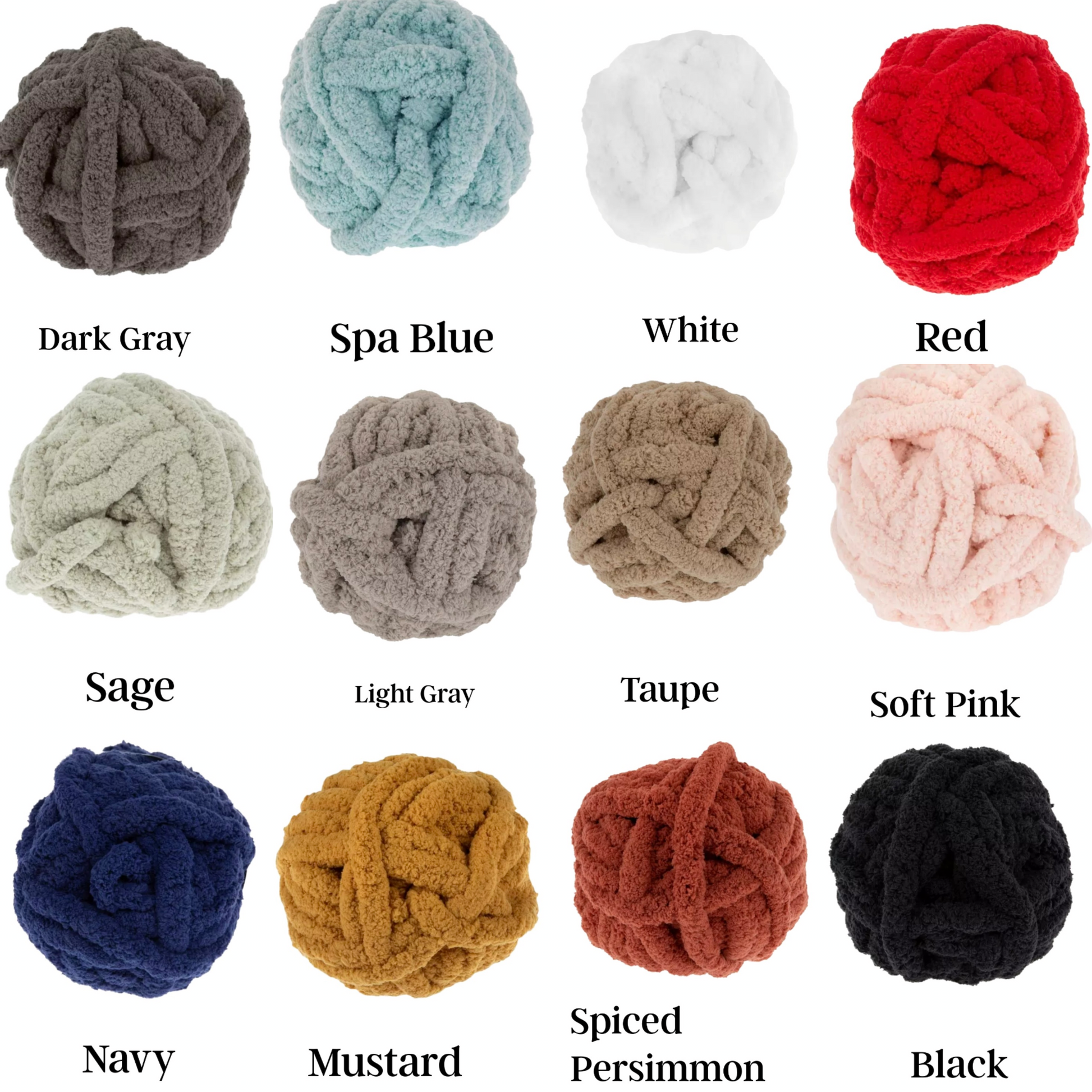 Collection of knitted yarn balls in various colors with labels underneath.