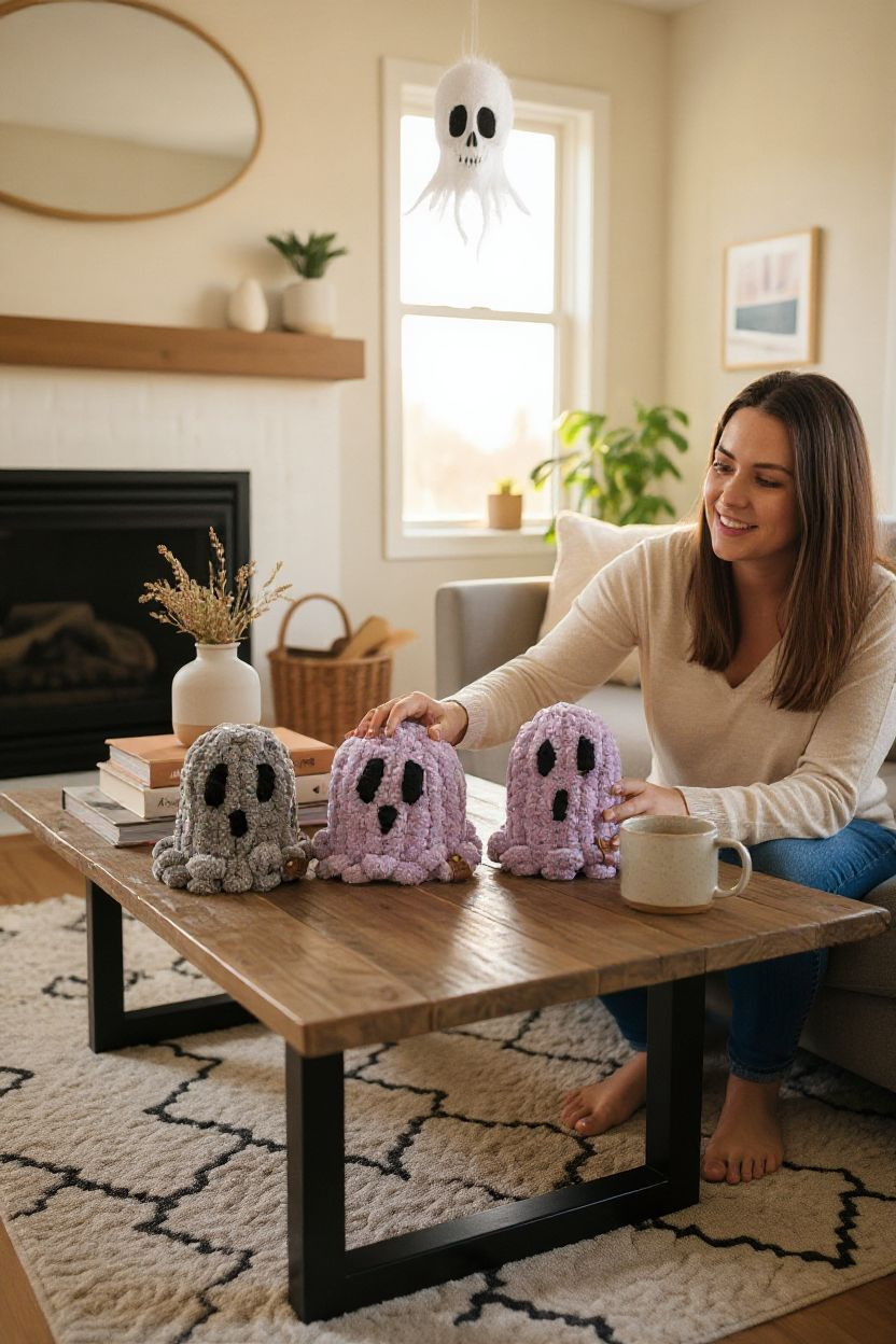Woman sitting on a couch with three ghost-shaped cushions on a coffee table in a cozy living room.