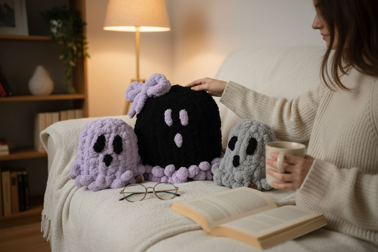 Person sitting on a couch with knitted ghost cushions and a book