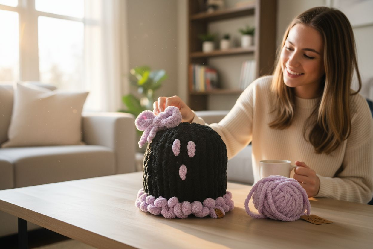 Woman sitting at a table with a knitted black and pink ghost and yarn ball in a cozy living room.