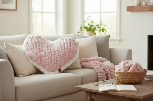 Cozy living room with a beige sofa featuring a heart-shaped pink pillow and matching blanket.