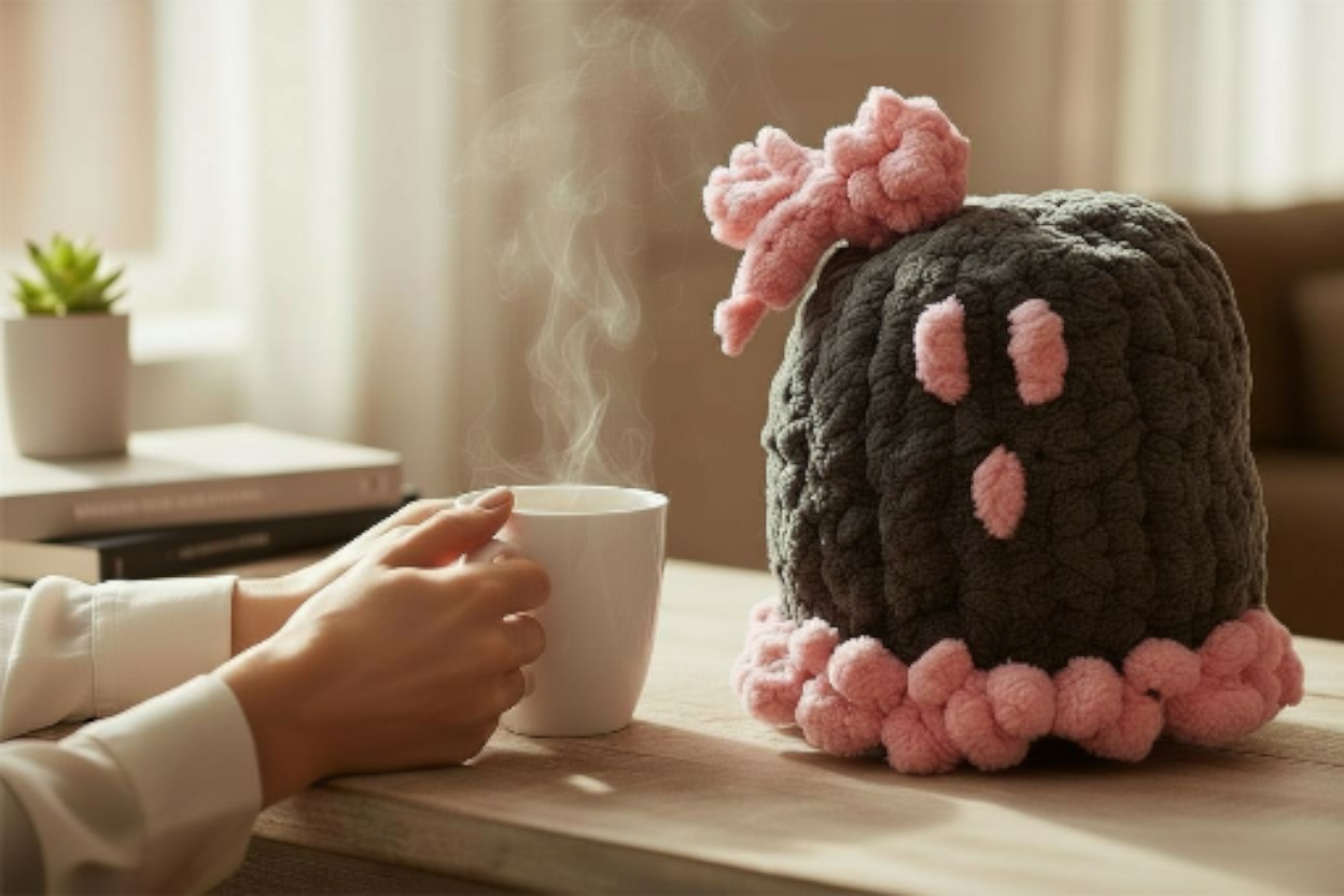 Person holding a mug next to a knitted ghost decoration with pink accents on a wooden table.