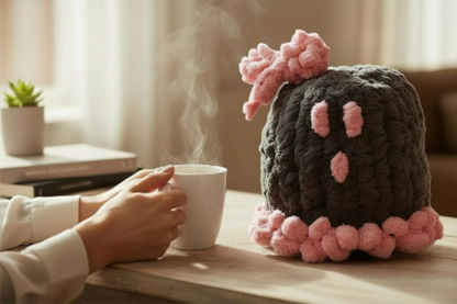 Person holding a mug next to a knitted ghost decoration with pink accents on a wooden table.