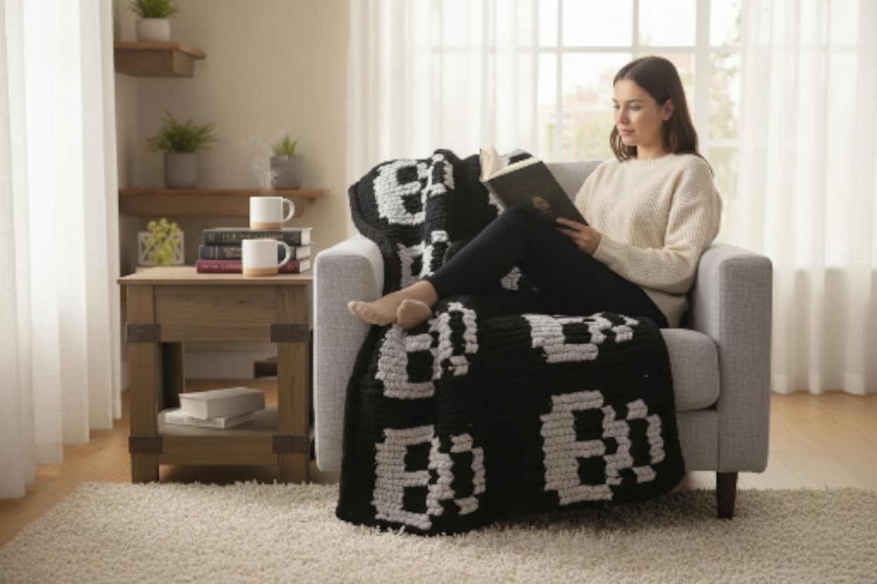 Woman sitting on a couch with a black and white patterned skull blanket, holding a tablet.