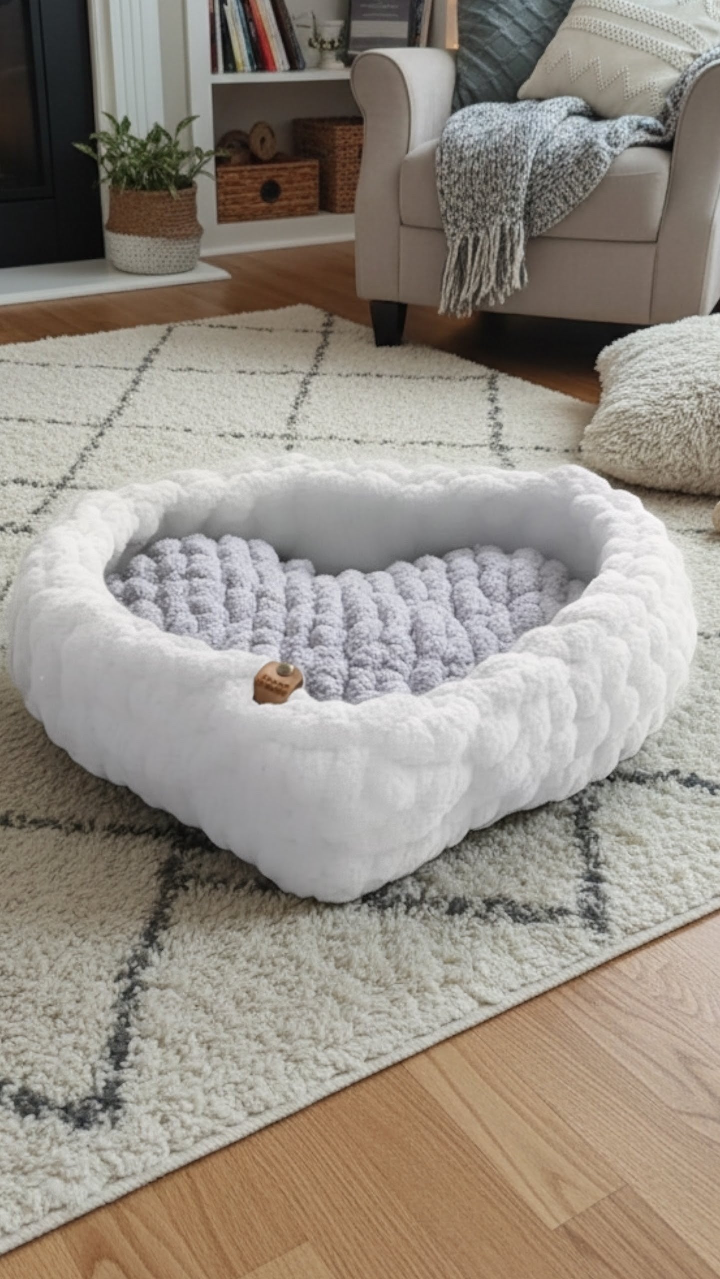 white and purple heart shaped pet bed