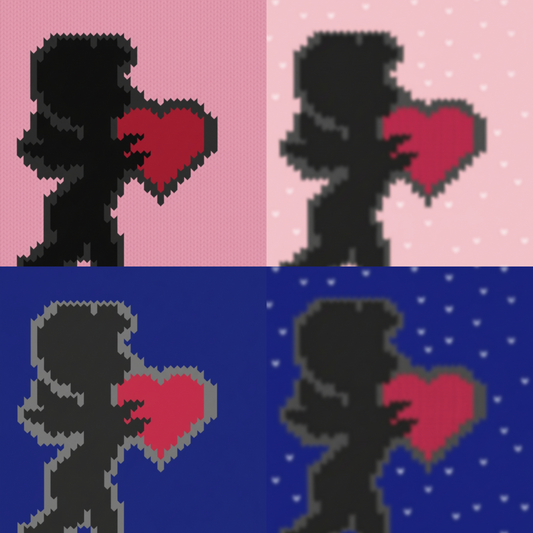Silhouette of a cupid holding a heart against pink and blue backgrounds with white polka dots.