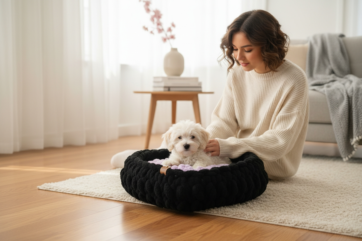 dog laying on pet bed