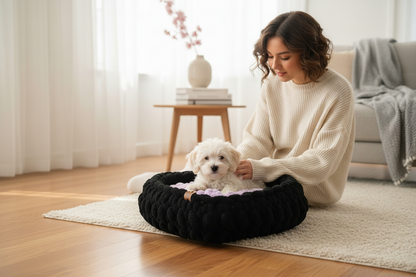 dog laying on pet bed