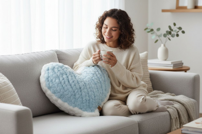 Woman sitting on a couch with a heart-shaped pillow and a cup, in a cozy living room.