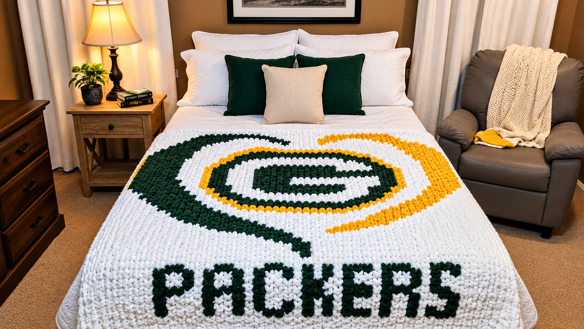 A large Chunky Knit Pack Pride blanket is spread across a bed in a styled bedroom. The blanket features the team's green and gold logo and the word 'PACKERS' in green.