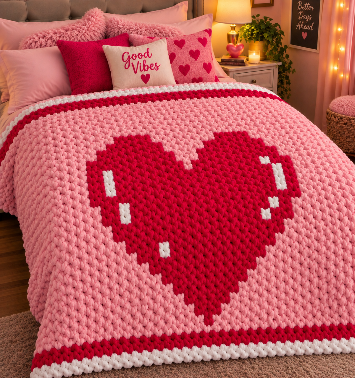 A pink and red chunky knit blanket with a large pixel-style heart design is styled on a bed in a cozy bedroom setting, surrounded by matching pink and red pillows.