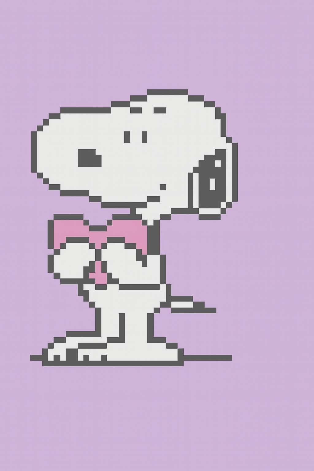 Pixelated dog character with a pink bow on a purple background