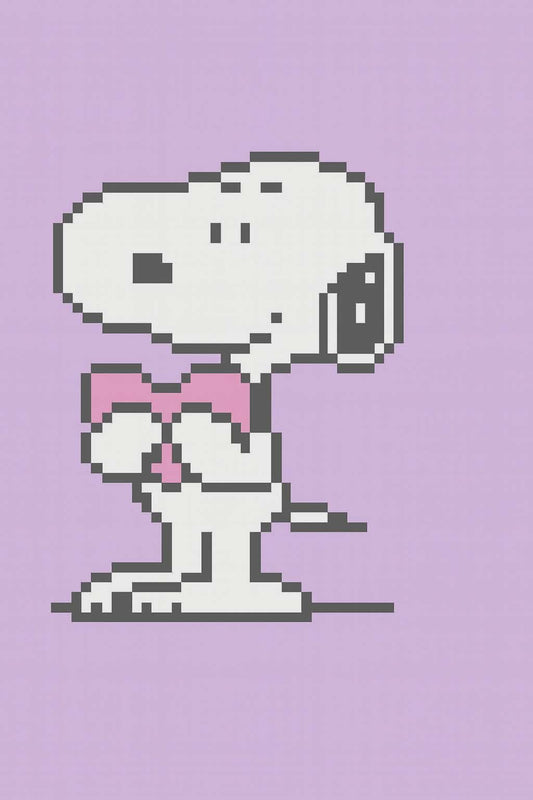 Pixelated dog character with a pink bow on a purple background