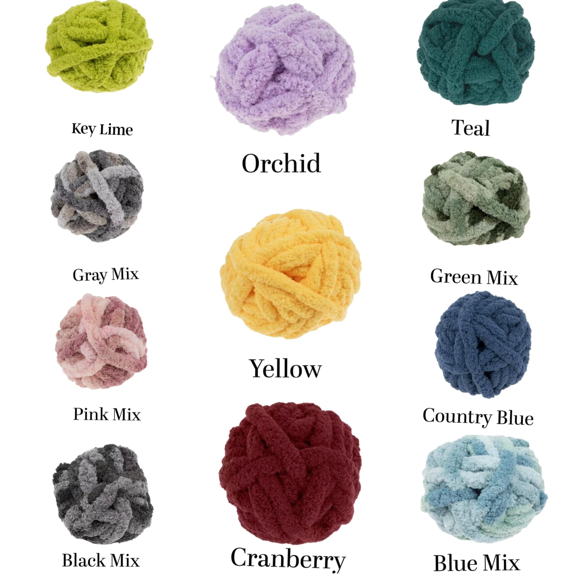 Collection of knitted yarn balls in various colors with labels.